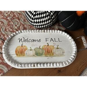 Welcome Fall Double Handled Chippy Wooden Tray 20” L  Pumpkins